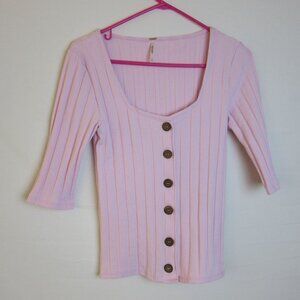 Free People Blouse Central Park Ribbed Top 3/4 Sleeve Pink Button Preppy Medium